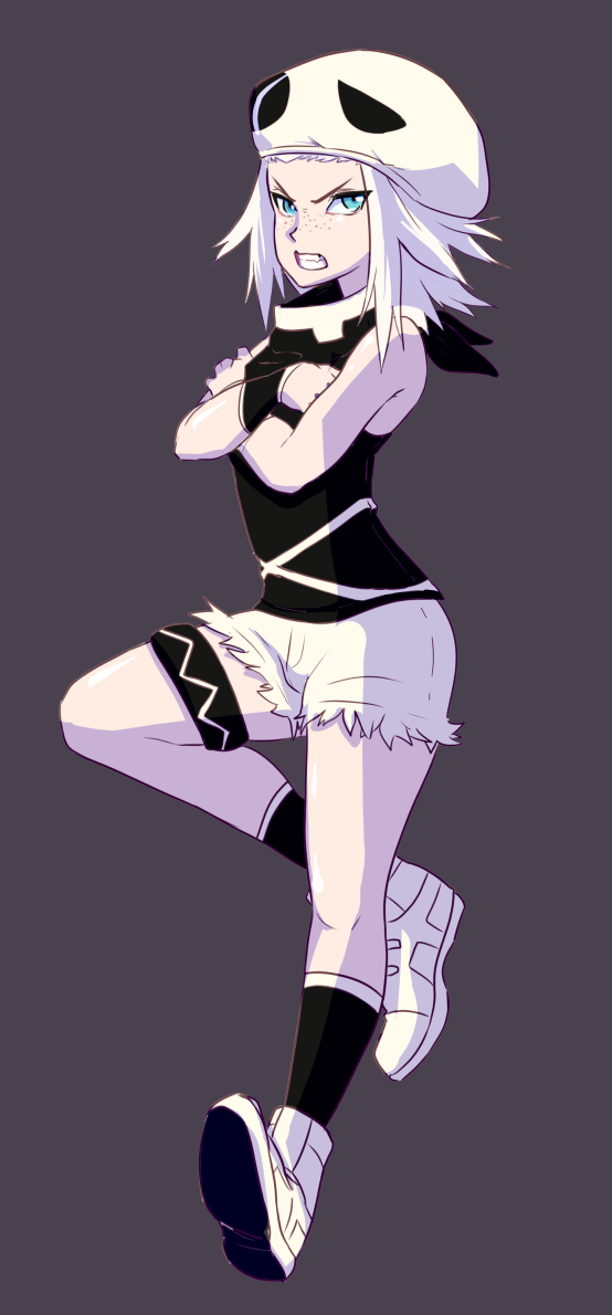 1girl angry black_socks blue_eyes cosplay crossed_arms drawfag female_focus freckles full_body grey_background gym_leader hat looking_at_viewer medium_hair nintendo pale_skin pokemon pokemon_bw2 pokemon_sm roxie_(pokemon) shoes shorts simple_background sneakers socks solo sweatband team_skull_grunt team_skull_grunt_(cosplay) thigh_strap white_hat white_shoes white_shorts