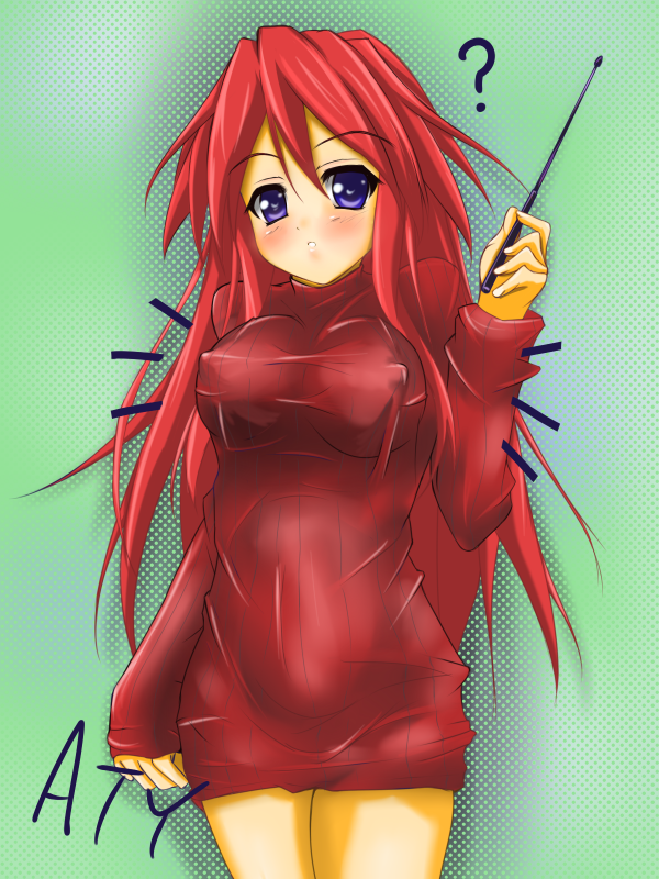 1girl ? aty aty_(summon_night) bad_id bad_pixiv_id benibana blush breasts covered_erect_nipples female_focus large_breasts long_hair looking_at_viewer naked_sweater purple_eyes red_hair shirt solo summon_night summon_night_3 sweater taut_clothes taut_shirt