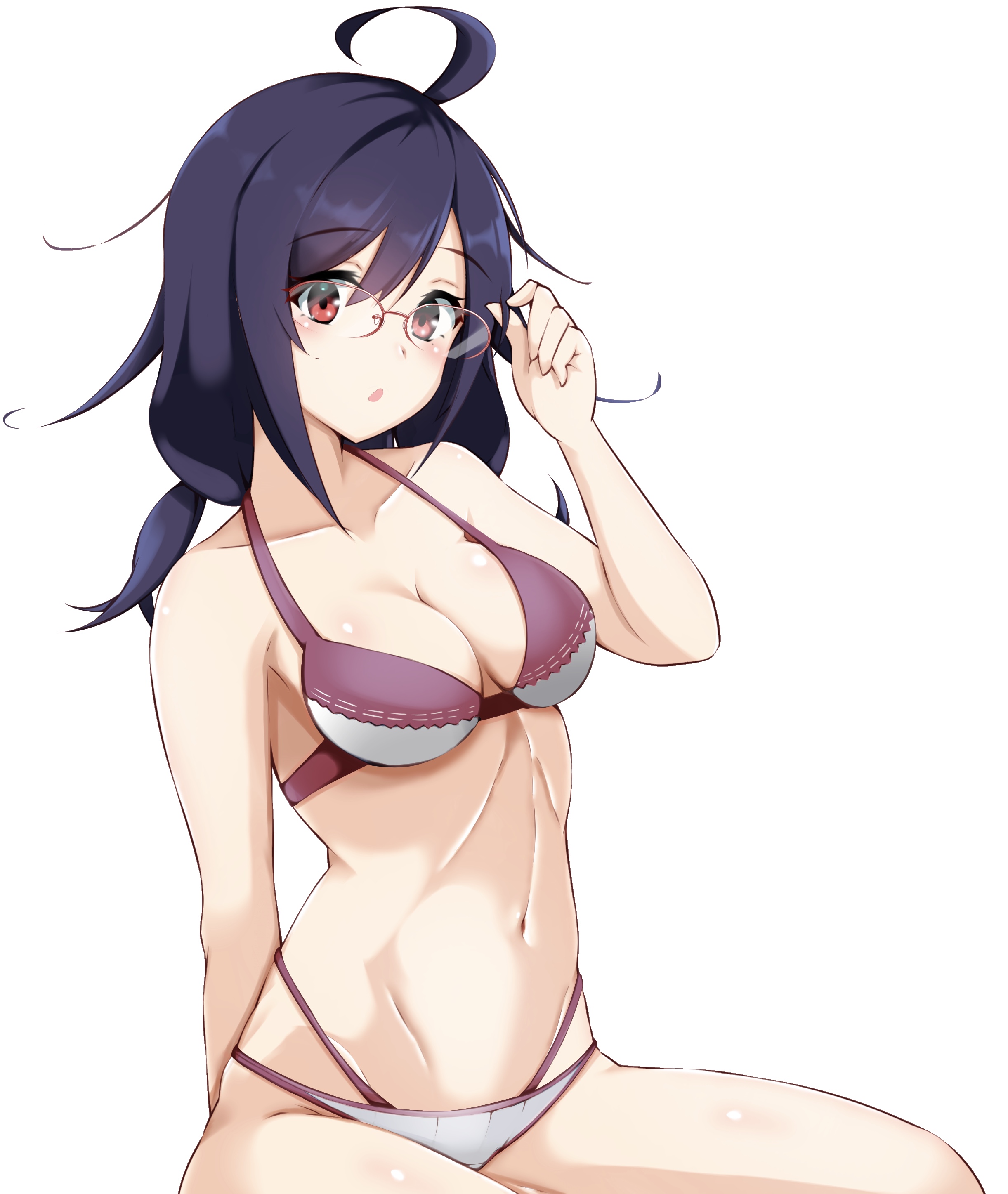 1girl absurdres ahoge bespectacled bikini blue_hair breasts collarbone glasses hair_flaps highres honma_(honmatomohiro) kantai_collection low_twintails medium_breasts navel official_alternate_costume red-framed_eyewear red_eyes ryuuhou_(kancolle) ryuuhou_kai_ni_(kancolle) simple_background solo swimsuit taigei_(kancolle) taigei_(swimsuit)_(kancolle) twintails white_background