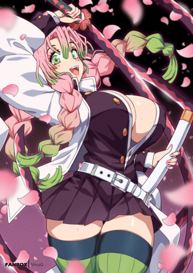 1girl belt black_dress blush braid breasts cleavage commentary demon_slayer_uniform dress english_commentary fingernails gradient_hair green_eyes green_hair green_thighhighs haori holding holding_sword holding_weapon huge_breasts japanese_clothes kanroji_mitsuri katana kimetsu_no_yaiba long_hair long_sleeves looking_at_viewer miniskirt mole mole_under_each_eye mole_under_eye multicolored_hair multiple_moles nail_polish open_mouth petals pink_hair pink_nails ribbed_thighhighs skirt smile solo sword teeth thighhighs thighs tongue tri_braids two-tone_hair virus-g weapon white_belt white_haori zettai_ryouiki