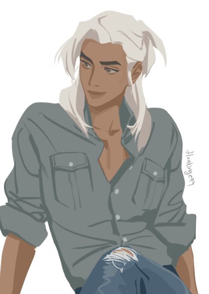 1boy blue_pants breast_pocket brown_eyes buttons closed_mouth collarbone collared_shirt commentary_request crossed_legs dark-skinned_male dark_skin denim floatinge99 hair_behind_ear hair_up jeans korean_commentary lifeweaver_(overwatch) long_hair looking_to_the_side male_focus open_collar overwatch overwatch_2 pants pocket shirt sideways_glance sleeves_rolled_up smile solo torn_clothes torn_pants twitter_username white_hair wing_collar