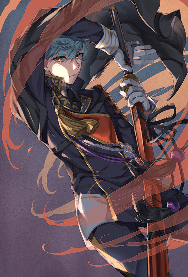10s 1boy aqua_hair black_necktie buttons cape gloves holding holding_sword holding_weapon ichigo_hitofuri katana long_sleeves male_focus military military_uniform necktie sheath sheathed solo sword tenkuu_sphere touken_ranbu weapon white_gloves wind yellow_eyes