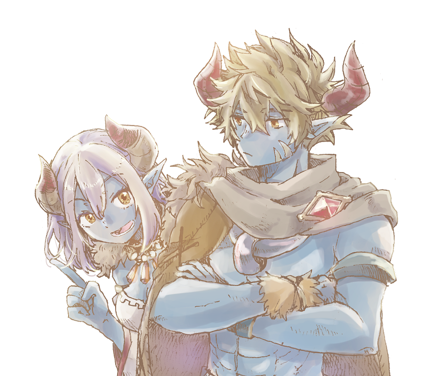 1boy 1girl abs another_eden armlet behind_another blue_skin breasts brown_cape brown_eyes brown_hair cape cleavage closed_mouth colored_skin commentary_request crossed_arms crystal demon_boy demon_girl demon_horns double-parted_bangs facial_mark fur-trimmed_cape fur_trim gem guildna_(another_eden) hair_between_eyes hatching_(texture) horns index_finger_raised jewelry leaning_forward linear_hatching long_hair long_pointy_ears looking_at_another looking_to_the_side lower_teeth_only medium_breasts michibata_65 myrus_(another_eden) necklace no_shirt open_mouth pendant pointy_ears purple_hair raised_eyebrows red_gemstone short_hair sidelocks sideways_glance simple_background single_wrist_cuff standing teeth toned toned_male upper_body white_background wrist_cuffs