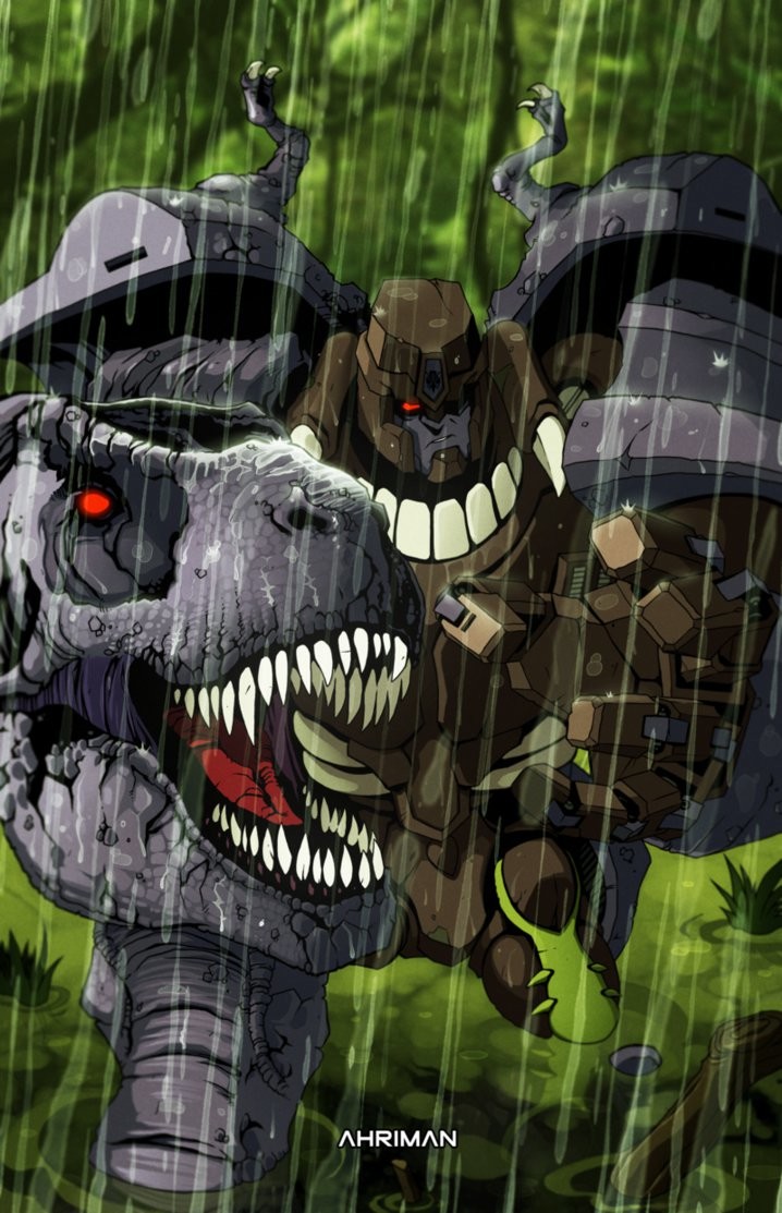 beast_wars claws commentary decepticon dirty dmitry_grozov english_commentary fake_screenshot fangs grass hand_mouth head insignia jaws mecha megatron_(beast_wars) predacon rain rainforest red_eyes robot science_fiction signature spikes transformers tree tyrannosaurus_rex upper_body water wet wetland
