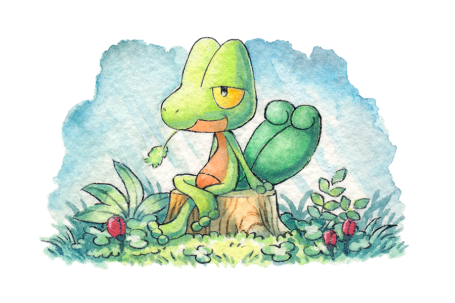 arm_support closed_mouth commentary crossed_legs english_commentary flower gen_3_pokemon grass mouth_hold nintendo no_humans oliver_hamlin painting_(medium) plant pokemon pokemon_(creature) red_flower simple_background sitting on_tree_stump solo stalk_in_mouth traditional_media tree_stump treecko watercolor_(medium) white_background yellow_eyes