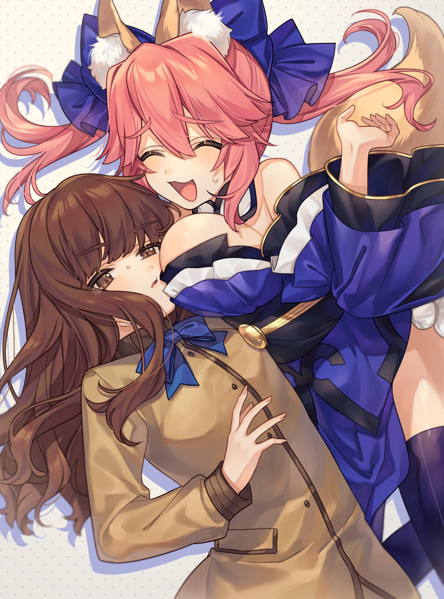 2girls :3 :d animal_ear_fluff animal_ears bare_shoulders blue_kimono blue_legwear blue_ribbon blush breasts brown_eyes brown_hair cheek-to-breast detached_sleeves closed_eyes eyes_visible_through_hair fate/extra fate_(series) fox_ears fox_girl fox_tail hair_ribbon highres japanese_clothes karokuchitose kimono kishinami_hakuno_(female) large_breasts multiple_girls open_mouth parted_lips pink_hair ribbon school_uniform smile sweat tail tamamo_(fate) tamamo_no_mae_(fate/extra) tsukumihara_academy_uniform_(fate/extra) yellow_eyes