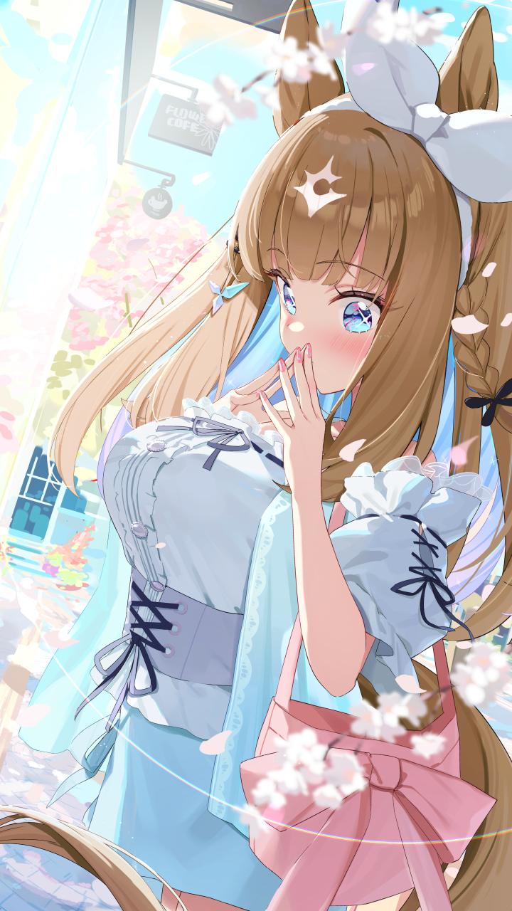 1girl almond_eye_(umamusume) alternate_costume animal_ears blue_eyes blue_hair blue_skirt blush breasts brown_hair brown_tail casual colored_inner_hair commentary_request grey_corset highres horse_ears horse_girl horse_tail large_breasts long_hair multicolored_hair pink_bag saboten_mushi shirt skirt solo steepled_fingers tail umamusume white_shirt