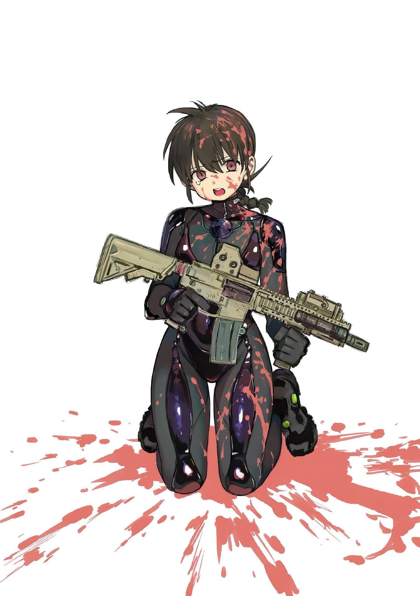 1girl assault_rifle black_bodysuit black_footwear blood blood_stain bodysuit braid brown_eyes brown_hair covered_navel gun highres holding holding_gun holding_weapon ichigaya_sumire legs m4_carbine non-web_source open_mouth rai_rai_rai rifle skin_tight tearing_up thighs weapon white_background
