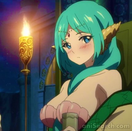 1girl aqua_hair bikini blue_eyes blush breasts candle female_focus fire hair_ornament large_breasts looking_at_viewer lowres magi_the_labyrinth_of_magic shell shell_bikini solo tagme upper_body yamuraiha
