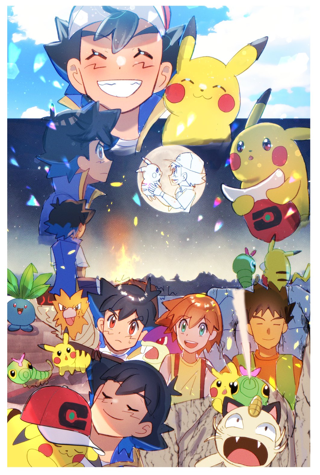 1girl 2boys ash_ketchum asymmetrical_hair brock_(pokemon) caterpie cowboy_shot denim denim_shorts gen_1_pokemon gym_leader hair_down hat highres jacket kawo_(kawo2525_) legs meowth misty_(pokemon) multiple_boys nintendo oddish orange_hair pikachu pokemon pokemon_(anime) pokemon_journeys pokemon_swsh142 ponytail rattata red_hair shirt short_hair short_shorts shorts spearow yellow_shirt