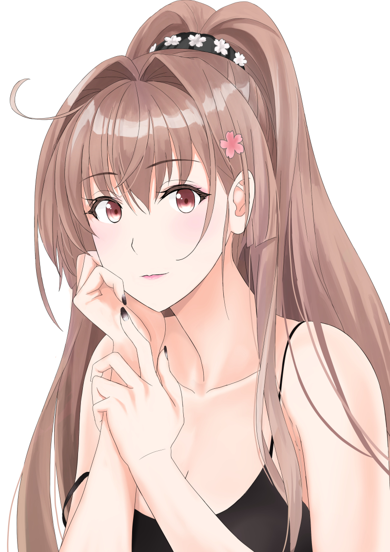1girl alternate_costume black_camisole brown_eyes brown_hair camisole kantai_collection long_hair looking_at_viewer simple_background smile solo strap_slip takase_asagiri upper_body white_background yamato_(kancolle)