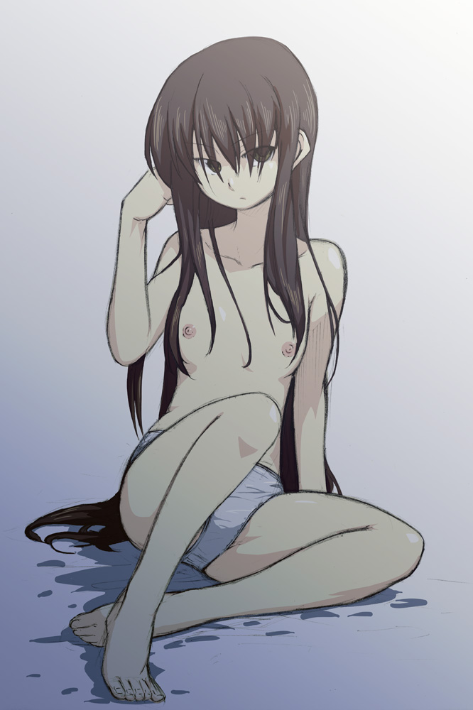1girl barefoot brown_eyes brown_hair female_focus flat_chest gender_request genderswap hair_over_eyes kyonko long_hair nipples panties shun_(rokudena-shi) solo suzumiya_haruhi_no_yuuutsu topless_female underwear underwear_only white_panties
