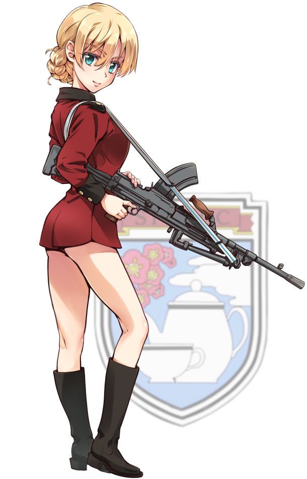 1girl black_boots blonde_hair blue_eyes boots braid breasts bren_lmg darjeeling_(girls_und_panzer) emblem girls_und_panzer gun holding holding_gun holding_weapon jacket light_machine_gun long_sleeves machine_gun medium_breasts military_uniform nape_braid red_jacket short_hair smile solo st._gloriana&#039;s_(emblem) st._gloriana&#039;s_military_uniform standing suzuki24 weapon