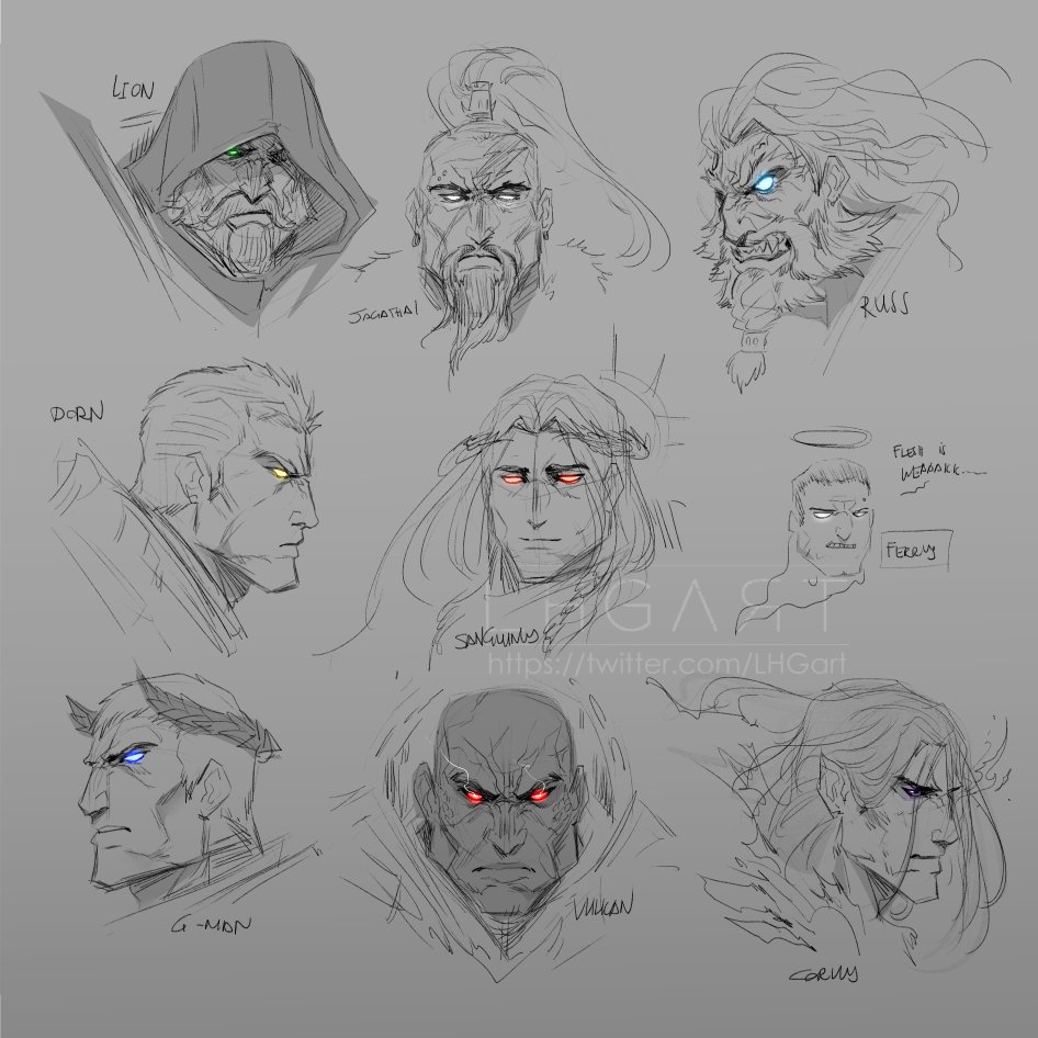 6+boys bald beard blonde_hair blood_angels blue_eyes braid braided_beard character_name closed_mouth commentary corvus_corax_(warhammer) dark-skinned_male dark_skin english_commentary multiple_expressions eye_trail facepaint facial_hair feathered_wings ferrus_manus from_side frown ghost glowing glowing_eyes green_eyes grey_background halo imperial_fists iron_hands_(warhammer) jaghatai_khan laurel_crown leman_russ lhgart light_smile light_trail lightning_bolt_symbol lion_el&#039;jonson long_hair long_mustache looking_at_viewer male_focus multiple_boys multiple_views mustache portrait primarch raven_guard roboute_guilliman rogal_dorn salamanders_(warhammer) sanguinius short_hair simple_background sketch space_wolves spot_color straight-on teeth topknot traditional_halo ultramarines vulkan warhammer_40k watermark white_eyes white_scars white_wings wings