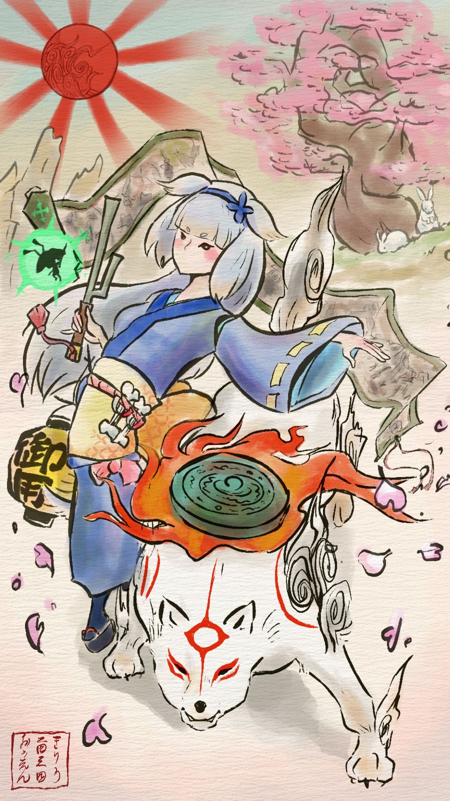 1girl alternate_costume amaterasu_(ookami) blue_hairband blue_kimono blue_socks blush bone bone_ornament breasts character_request cherry_blossoms falling_petals fire grey_hair hairband highres holding issun japanese_clothes kimono kiryuu_(kiriu_2434ouen) lantern long_hair long_sleeves nijisanji no_mouth obi obijime official_style okobo ookami_(game) ookami_(game)_(style) outstretched_arm paper_lantern paper_texture petals pink_petals platform_sandals rabbit red_sun reflector_(ookami) sandals sash scroll shioriha_ruri short_eyebrows small_breasts socks sun sunburst translation_request tree very_long_hair virtual_youtuber white_rabbit_(animal) white_wolf wolf