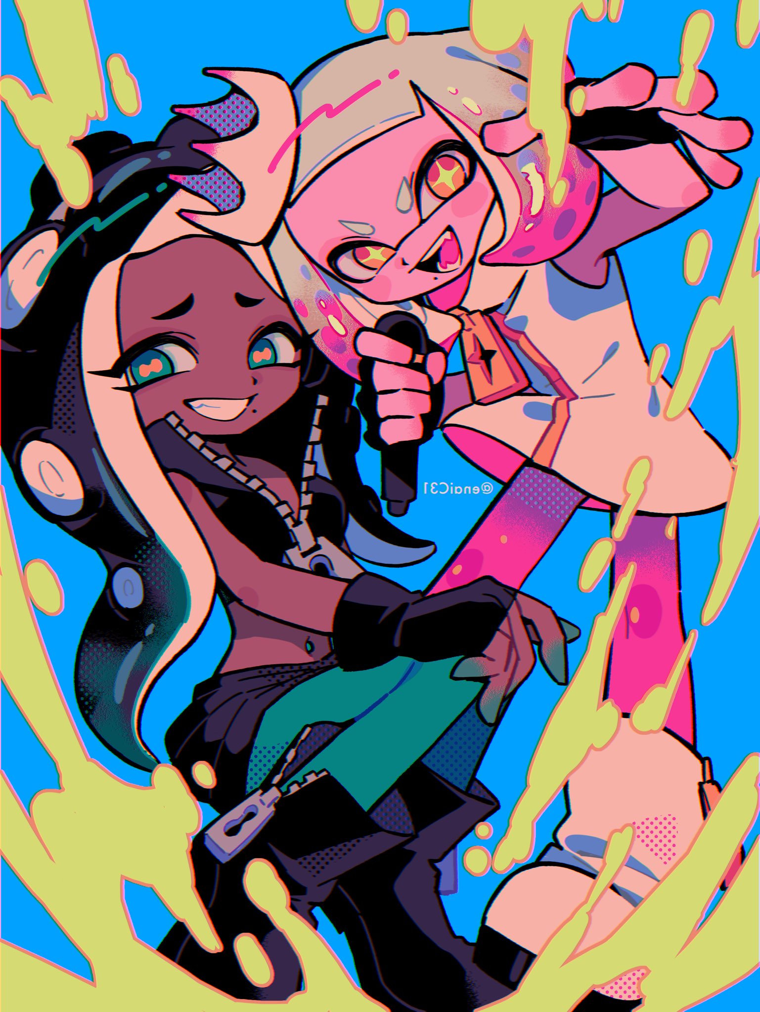 +_+ 2girls :d aqua_leggings artist_name black_footwear black_gloves black_hair black_skirt blue_background blunt_bangs boots cephalopod_eyes chromatic_aberration colored_skin commentary cropped_vest crown dark-skinned_female dark_skin dress fangs fingerless_gloves full_body gloves gradient_hair green_eyes green_hair grin highres holding holding_microphone inkling leggings long_hair looking_at_viewer marina_(off_the_hook_outfit)_(splatoon) marina_(splatoon) menma_(enaic31) microphone mini_crown mole mole_under_mouth multicolored_hair multiple_girls navel navel_piercing nintendo octoling open_mouth orange_pupils partially_unzipped pearl_(off_the_hook_outfit)_(splatoon) pearl_(splatoon) piercing pink_hair pink_leggings pink_skin screentones short_eyebrows short_hair simple_background skirt sleeveless sleeveless_dress smile splatoon_(series) splatoon_2 suction_cups tentacle_hair twitter_username two-tone_hair vest white_dress white_footwear white_hair yellow_eyes zipper zipper_pull_tab