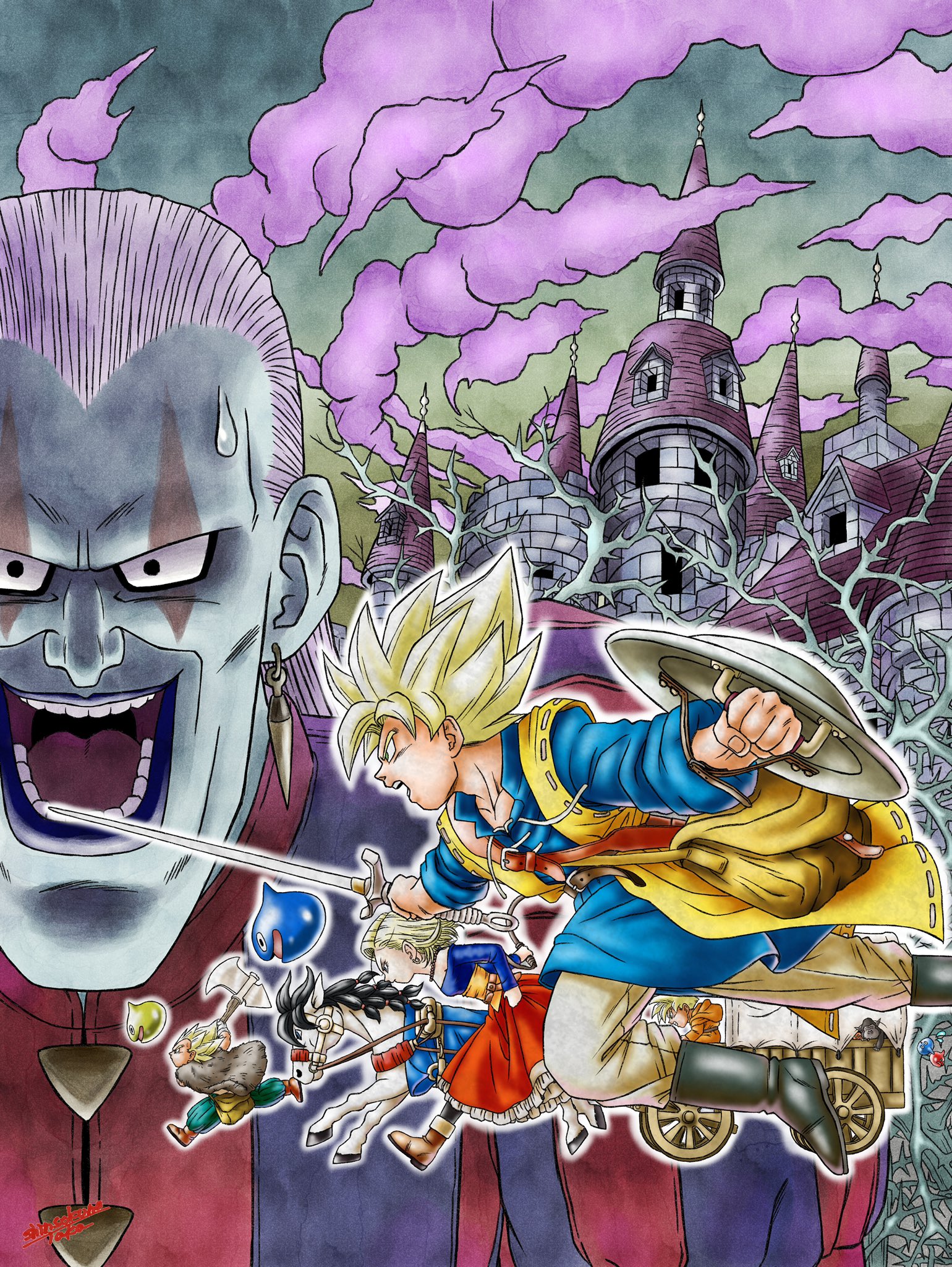 android_18 axe blonde_hair bubbles_(dragon_ball) castle cloud cosplay creator_connection dhoulmagus dragon_ball dragon_quest dragon_quest_viii dragonball_z green_eyes hero_(dq8) hero_(dq8)_(cosplay) highres horse jessica_albert jessica_albert_(cosplay) long_skirt medea_(dq8) monkey off-shoulder_shirt off_shoulder open_mouth purple_lips red_skirt shield shinsokunotaka shirt signature skirt skirt_hold slime_(dragon_quest) son_gohan super_saiyan super_saiyan_1 sweatdrop sword toriyama_akira_(style) trode trode_(cosplay) vegeta wagon weapon whip white_hair yangus yangus_(cosplay)
