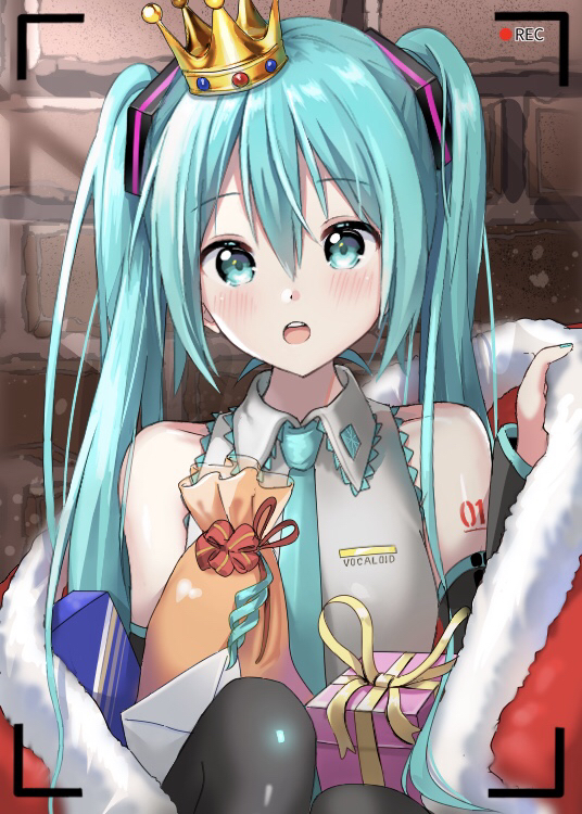 1girl :o aqua_eyes aqua_hair bag bare_shoulders black_sleeves black_thighhighs blush box brick_wall cape commentary crown detached_sleeves envelope female_focus floral_bow fur-trimmed_cape fur_trim gift gift_box grey_shirt hair_ornament hatsune_miku knees_up light_blush long_hair looking_at_viewer neon_lights open_mouth recording red_cape shirt shoulder_tattoo sitting sleeveless sleeveless_shirt solo tattoo thighhighs tsukiringo twintails very_long_hair viewfinder vocaloid