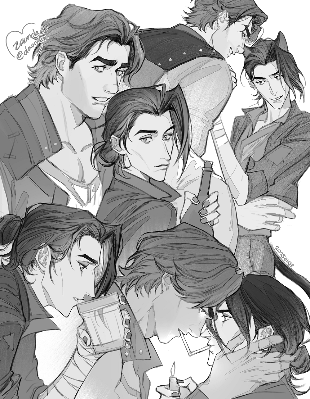 2boys animal_ears arcane:_league_of_legends bottle cat_ears collarbone commentary cup dated drinking face-to-face greyscale grin hair_bun hand_on_another&#039;s_face hand_on_another&#039;s_shoulder hand_on_another&#039;s_waist highres holding holding_bottle holding_cup holding_lighter imminent_kiss jacket league_of_legends lighter long_hair looking_at_another male_focus monochrome multiple_boys multiple_pov noses_touching pectoral_cleavage pectorals pov shirt shuaitofu silco_(arcane) smile swept_bangs symbol-only_commentary twitter_username vander_(arcane) white_background yaoi