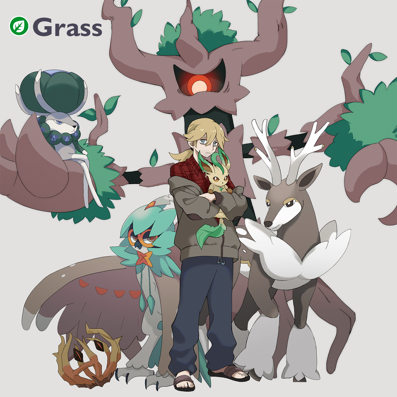 1boy blonde_hair blue_pants boyfriend_to_death bramblin calyrex closed_mouth decidueye full_body gen_5_pokemon gen_6_pokemon gen_7_pokemon gen_8_pokemon grey_background grey_eyes grey_jacket hair_between_eyes highres holding holding_pokemon jacket lawrence_oleander legendary_pokemon n0vaca1ne nintendo pants pokemon pokemon_(creature) ponytail red_shirt sandals sawsbuck sawsbuck_(winter) shirt sylveon trevenant