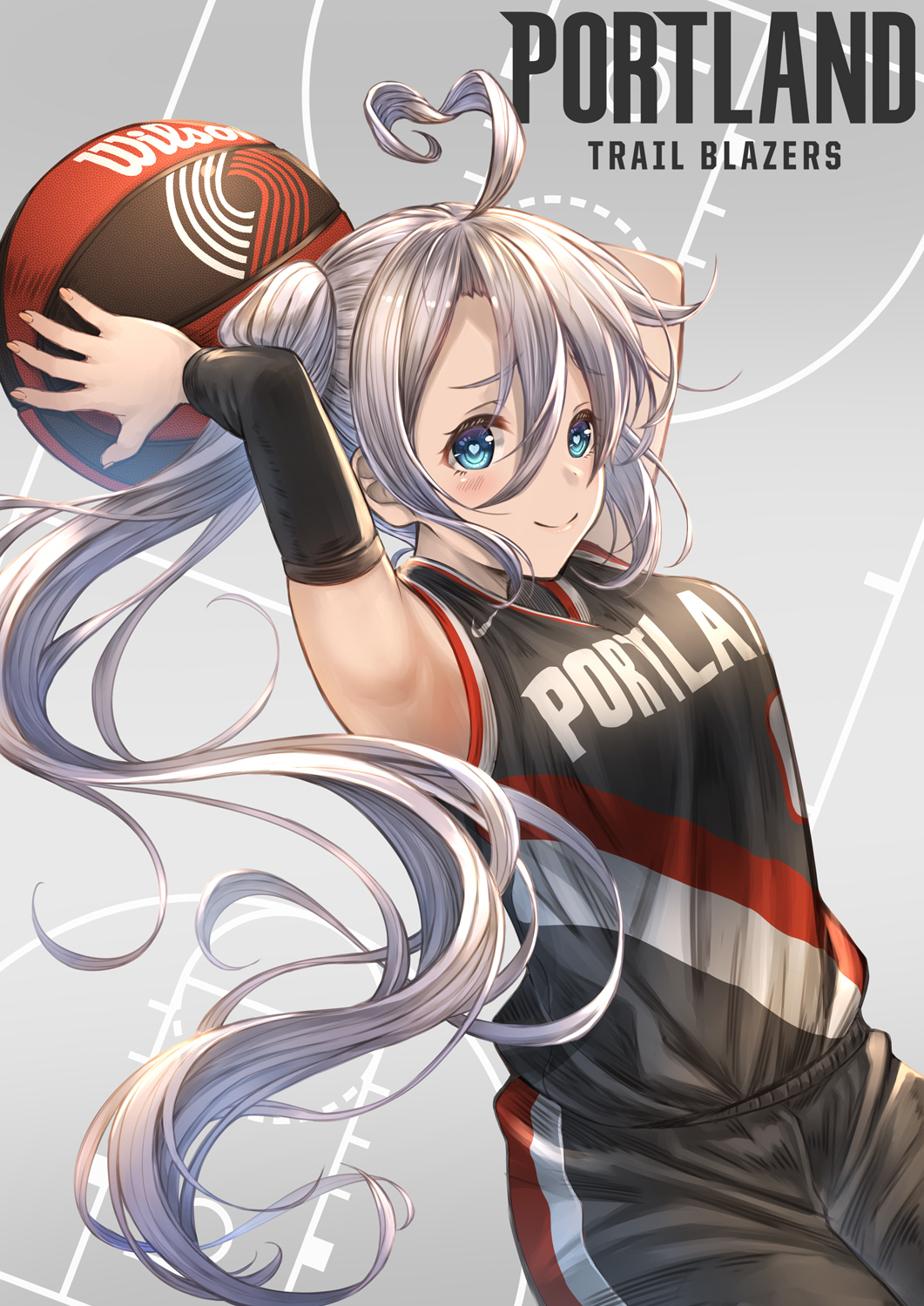 1girl ahoge arm_warmers armpits arms_behind_head arms_up azur_lane ball bare_shoulders basketball basketball_(object) basketball_court basketball_uniform black_shirt black_shorts blue_eyes blush breasts closed_mouth clothes_writing commentary copyright_name cowboy_shot floating_hair hair_between_eyes heart heart-shaped_pupils heart_ahoge highres holding holding_ball large_breasts long_hair looking_at_viewer name_connection national_basketball_association nike_(company) portland_(azur_lane) portland_trail_blazers shirt shirt_tucked_in shorts side_ponytail sidelocks silver_hair single_arm_warmer sleeveless sleeveless_shirt smile solo sportswear symbol-shaped_pupils very_long_hair white_background wilson_sporting_goods yakkuro