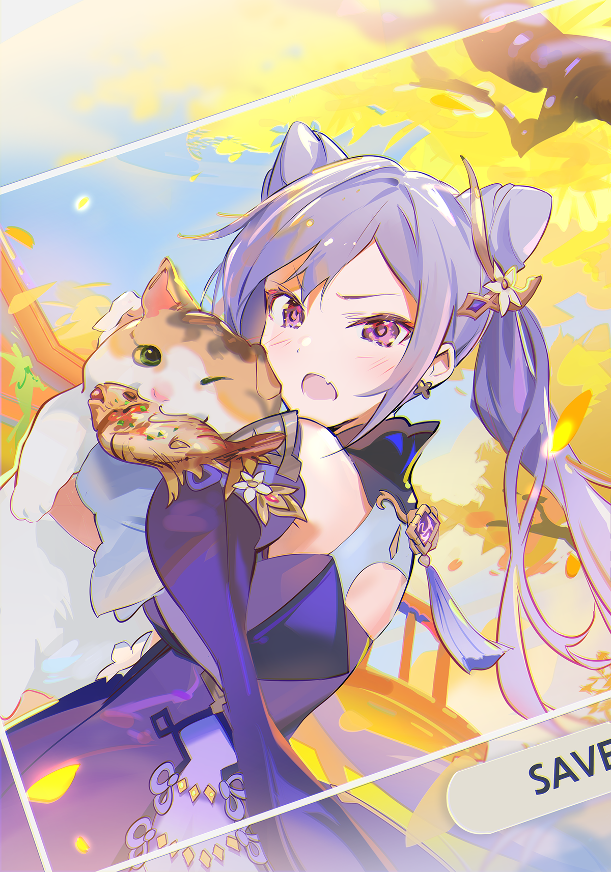 1girl :o animal autumn_leaves blush calico_(pattern) cat collared_dress commentary cone_hair_bun detached_sleeves dress earrings fang fish flower genshin_impact hair_bun hair_flower hair_ornament highres holding holding_animal holding_cat jewelry keqing_(genshin_impact) leaf long_hair looking_at_viewer naye outdoors purple_dress purple_eyes purple_hair skin_fang solo tree twintails vision_(genshin_impact)