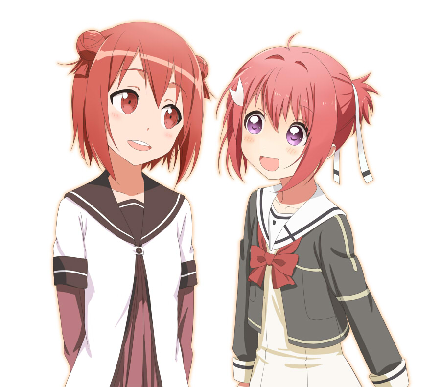 2girls ahoge akaza_akari akaza_akari_(cosplay) alternate_hairstyle arms_behind_back blush cosplay costume_switch crossover double_bun dress female_focus hair_bun hair_ribbon hairstyle_switch long_sleeves look-alike multiple_girls open_mouth pink_hair ponytail purple_eyes red_eyes red_hair ribbon sailor_dress school_uniform serafuku shikou_sakugo_(qqap9gt9k) shikousakugo short_hair short_ponytail white_background yuruyuri yuuki_yuuna yuuki_yuuna_(cosplay) yuuki_yuuna_wa_yuusha_de_aru yuusha_de_aru