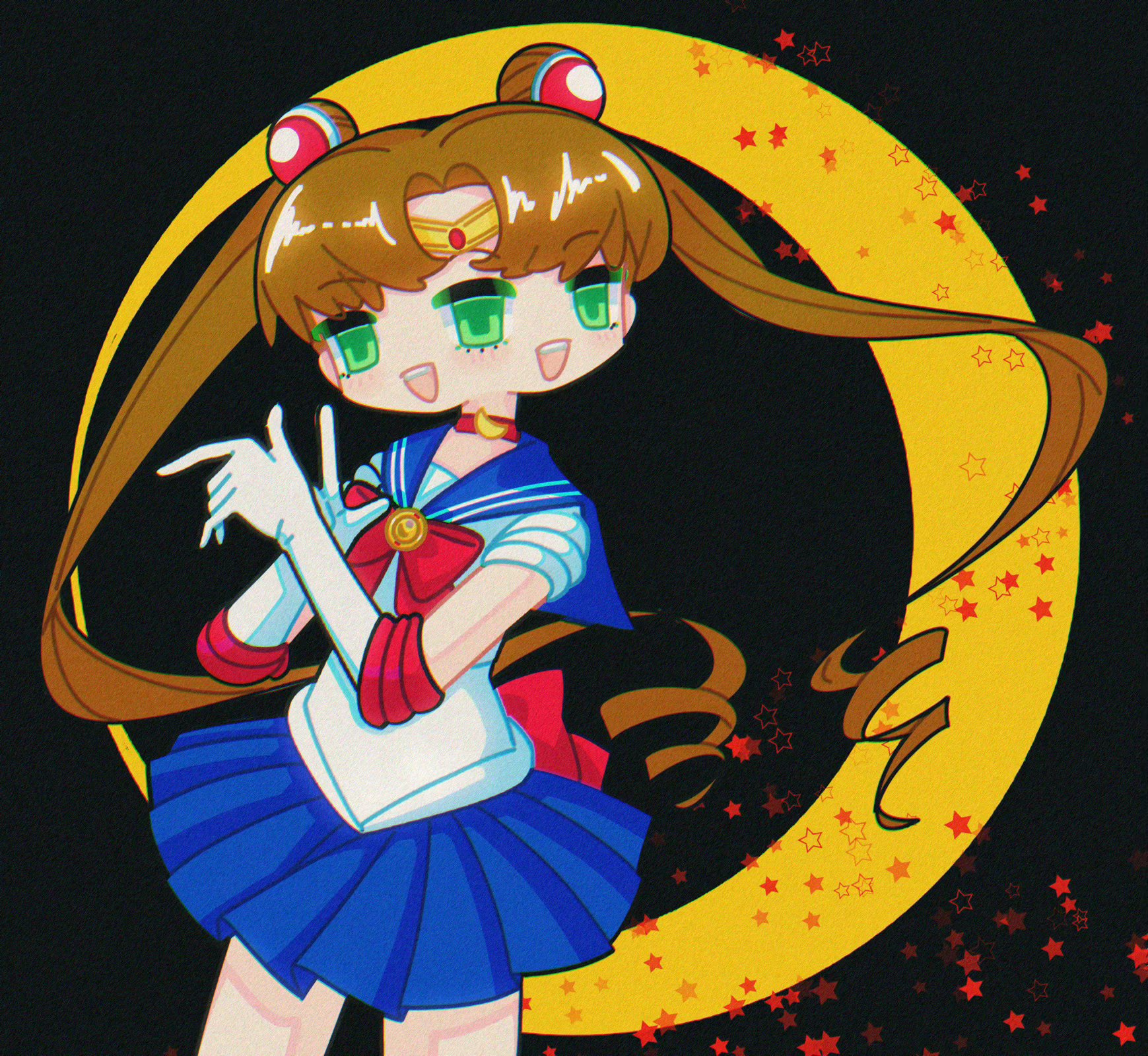 1girl bishoujo_senshi_sailor_moon black_background blue_sailor_collar blue_skirt bow bowtie brown_hair choker circlet cosplay cowboy_shot crescent curtained_hair elbow_gloves extra_eyes gloves green_eyes hair_ornament highres ikigusare long_hair looking_at_viewer multiple_faces extra_mouth open_mouth pleated_skirt procreate_(medium) red_bow red_bowtie red_choker ringlets sailor_collar sailor_moon sailor_moon_(cosplay) sangou_(ikigusare) shirt short_sleeves skirt smile solo standing star_(symbol) star_symbol_background tongtong_(tongtong060105) twintails very_long_hair white_gloves white_shirt