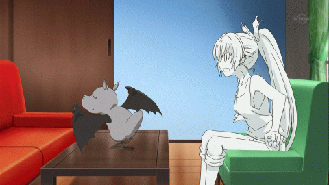 animal animated animated_gif anime_screenshot bat_wings coffee_table couch cuune_(nyaruko-san) green_upholstery haiyore!_nyaruko-san heart long_hair lowres non-web_source o_o one_eye_closed ponytail red_upholstery shantak_(nyaruko-san) table tank_top white_theme wings wink