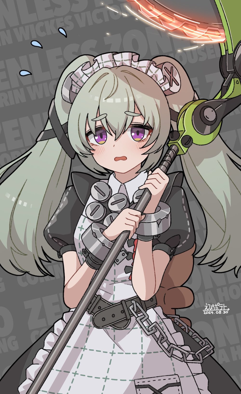 1girl animal_bag apron artist_name bear_bag belt black_belt black_dress chain character_name circular_saw commentary copyright_name corin_wickes cuffs dated dress ebipote3 flying_sweatdrops green_hair hair_between_eyes highres holding holding_weapon long_hair looking_at_viewer maid maid_apron maid_headdress puffy_short_sleeves puffy_sleeves purple_eyes saw screw_hair_ornament short_sleeves simple_background solo twintails weapon white_apron zenless_zone_zero