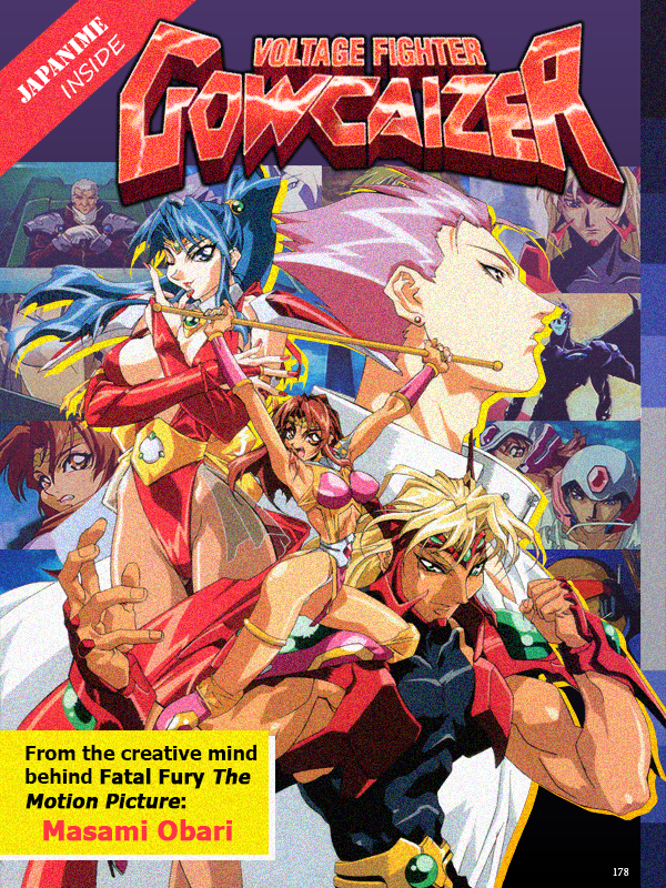1990s_(style) 2boys 2girls armor artist_name blonde_hair blue_hair choujin_gakuen_gowcaizer cleavage_cutout clothing_cutout copyright_name gowcaizer helmet highleg hishizaki_shaia_(gowcaizer) kaiza_isato kash_gyustan long_hair magazine_scan multiple_boys multiple_girls muscular oobari_masami pink_hair power_armor power_suit retro_artstyle scan scan_artifacts shigure_kyosuke son_karin spandex sunglasses