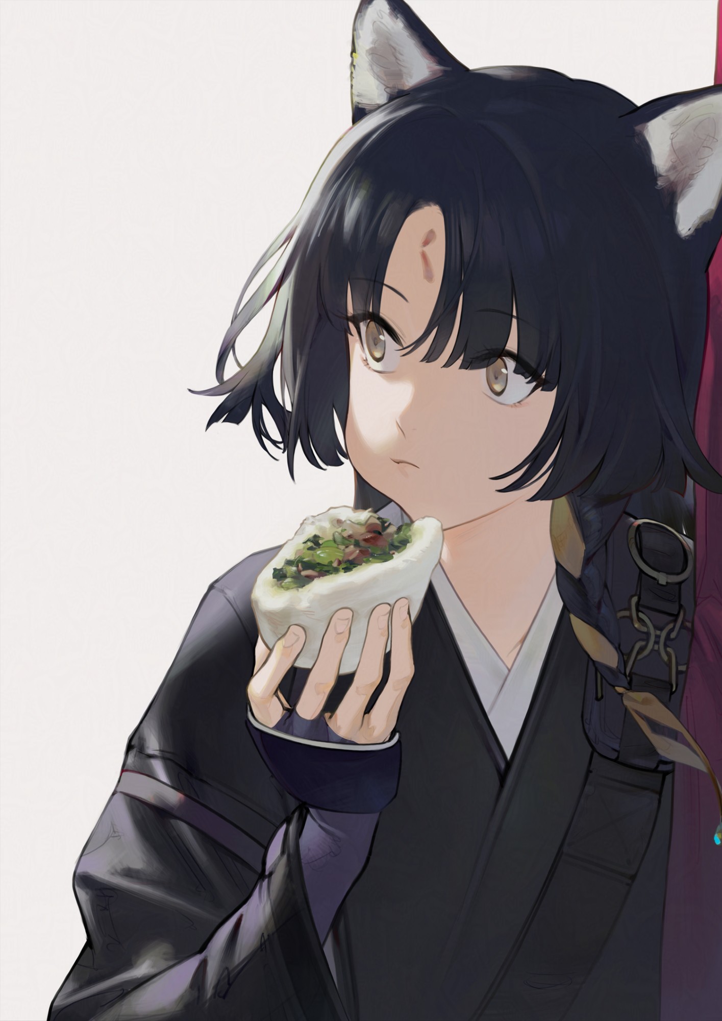 1girl animal_ear_fluff animal_ears arknights black_hair black_kimono brown_eyes dog_ears duoyuanjun eating facial_mark food forehead_mark highres holding holding_food japanese_clothes kimono long_hair long_sleeves looking_to_the_side parted_bangs saga_(arknights) simple_background solo upper_body white_background wide_sleeves