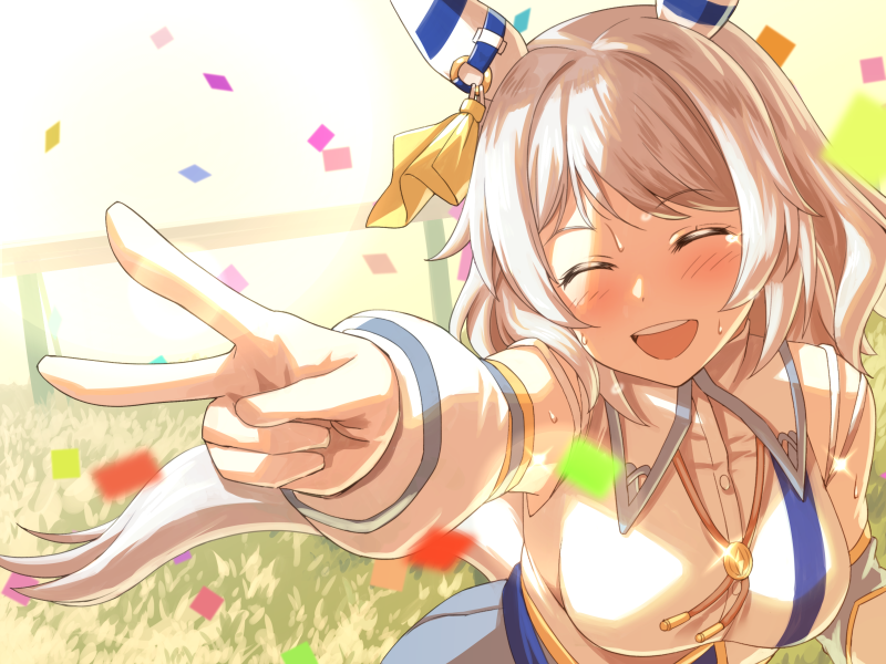 1girl animal_ears breasts closed_eyes commentary_request confetti grass grey_hair hishi_miracle_(umamusume) horse_ears horse_girl looking_at_viewer medium_breasts medium_hair peeta simple_background solo sweat takarazuka_kinen teeth text_focus textless_version umamusume upper_teeth_only v