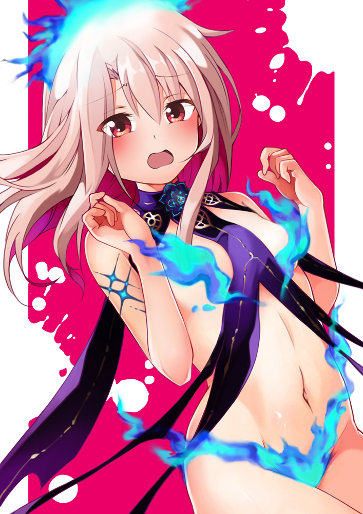 1girl bare_shoulders blue_fire blush body_markings bracelet breasts cosplay earrings fate/kaleid_liner_prisma_illya fate_(series) fire flower hair_between_eyes hair_flower hair_ornament hair_ribbon illyasviel_von_einzbern jewelry kama_(fate) kama_(fate)_(cosplay) kama_(swimsuit_avenger)_(third_ascension)_(fate) long_hair looking_at_viewer lotus md5_mismatch mochi_(k620803n) multicolored_hair navel open_mouth purple_hair red_eyes resolution_mismatch revealing_clothes ribbon sidelocks small_breasts solo source_larger star_(symbol) star_earrings two-tone_hair white_hair