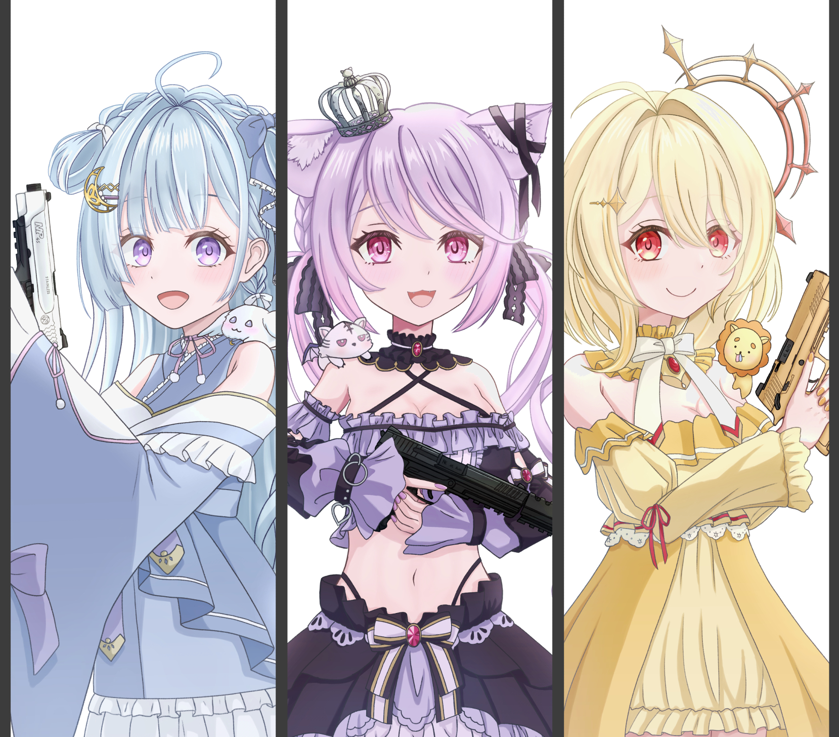 3girls :3 :d ahoge amaui animal animal_ears animal_on_shoulder black_bow black_collar black_ribbon black_skirt black_sleeves black_tube_top blonde_hair blue_bow blue_hair blue_kimono blunt_bangs blush bow bow_skirt bowtie braid breasts cat_ears cleavage closed_mouth collar column_lineup commentary_request cowboy_shot crescent crescent_hair_ornament criss-cross_halter crown crown_braid detached_collar detached_sleeves dress ear_ribbon fang frilled_collar frilled_dress frilled_kimono frilled_sleeves frilled_tube_top frills gun h&k_hk45 hair_between_eyes hair_bow hair_intakes hair_ornament halo halterneck handgun highres hinata_mashu holding holding_gun holding_weapon ina_uruu japanese_clothes kimono large_breasts long_hair long_sleeves looking_at_viewer low_twintails medium_breasts midriff mini_crown multiple_girls nanashi_inc. natsuki_aya navel neck_ribbon off-shoulder_dress off_shoulder open_mouth orange_eyes pink_eyes pink_hair pink_ribbon purple_eyes rabbit red_ribbon ribbon short_hair side_braid simple_background skirt sleeve_ribbon smile smith_&_wesson_m&p45 strapless suppressor tube_top twintails two-tone_bow virtual_youtuber weapon white_background white_bow white_bowtie wide_sleeves yellow_collar yellow_dress