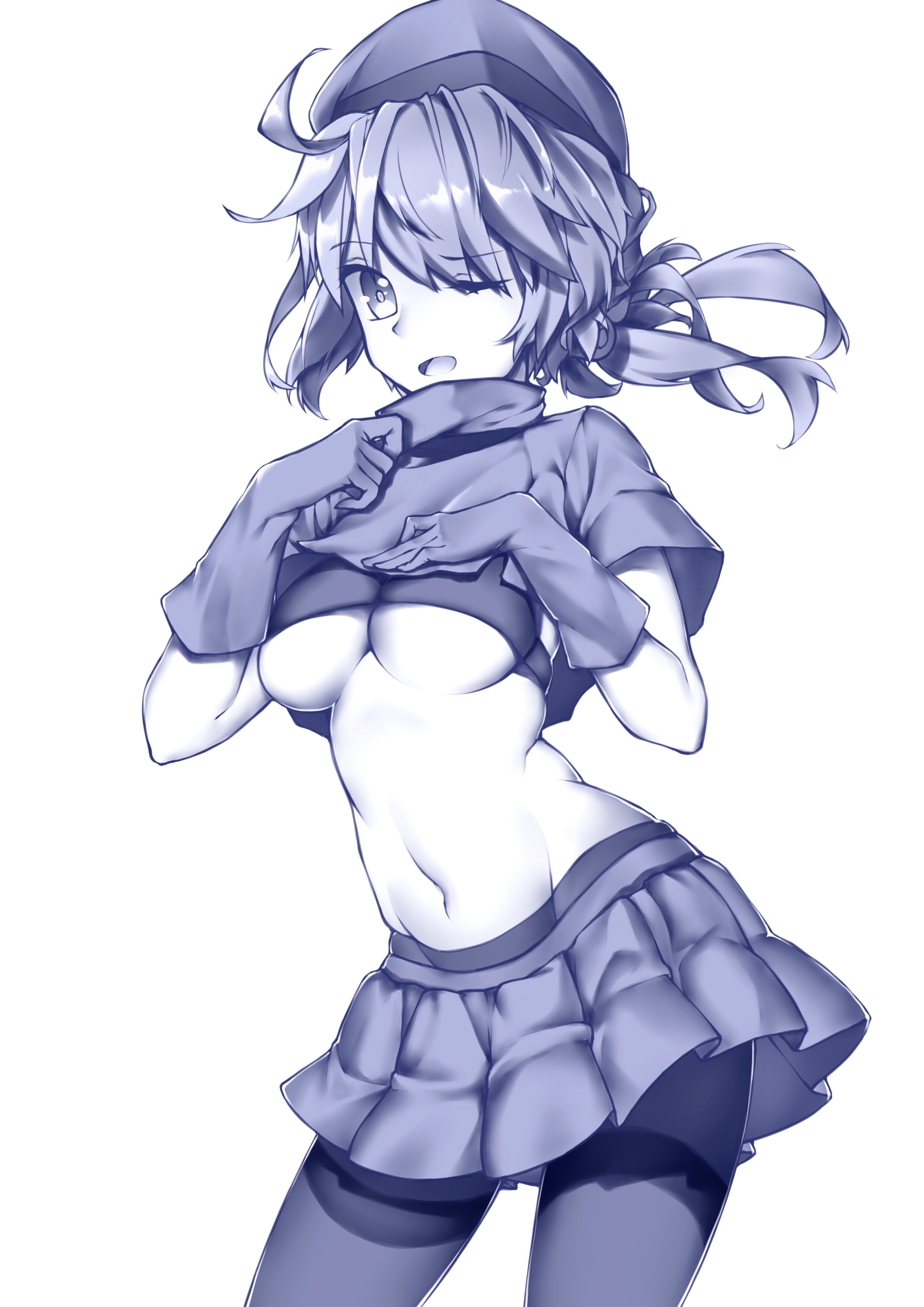 1girl absurdres breasts cyta_celest female_focus gloves hat highres long_hair looking_at_viewer mahan_(warship_girls_r) medium_breasts midriff miniskirt navel one_eye_closed open_mouth pantyhose pleated_skirt skirt solo underboob warship_girls_r white_background