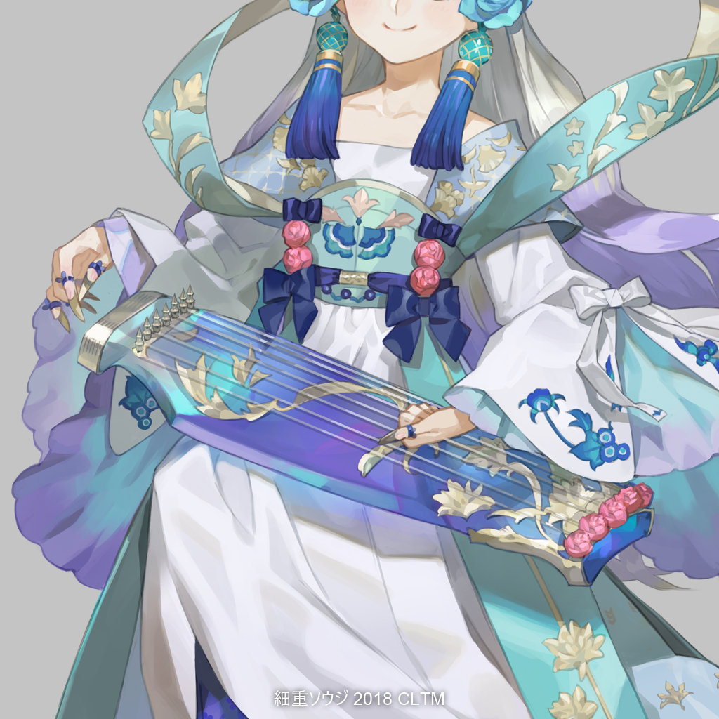 1girl blue_ribbon chinese_clothes collarbone commentary_request dress duijin_ruqun earrings flower gradient_hair grey_background grey_hair guzheng hagoromo hanfu head_out_of_frame holding holding_instrument instrument jewelry long_hair multicolored_hair music nishihara_isao original pink_flower playing_instrument purple_hair ribbon shawl sleeve_ribbon smile solo tassel tassel_earrings third-party_source two-tone_hair white_dress white_ribbon wide_sleeves