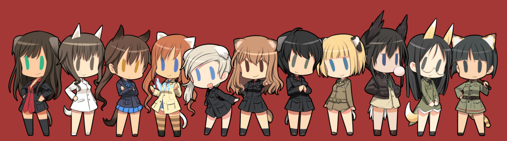 504th_joint_fighter_wing 6+girls angela_salas_larrazabal animal_ears black_hair black_legwear blonde_hair blowing_bubble_gum blowing_bubbles blue_eyes brown_eyes brown_hair chewing_gum chibi dog_ears dog_girl dog_tail dominica_s._gentile everyone federica_n._doglio fernandia_malvezzi full_body glasses green_eyes hands_in_pockets head_wings horse_girl jacket jane_t._godfrey katana long_hair looking_at_viewer luciana_mazzei martina_crespi military military_uniform multiple_girls nakajima_nishiki open_mouth orange_hair panties patricia_schade ponytail red_background shimada_fumikane shirt short_hair simple_background smile strike_witches strike_witches:_kurenai_no_majo-tachi striped_clothes striped_legwear striped_thighhighs suwa_amaki sword tail takei_junko thighhighs underwear weapon wings world_witches_series yellow_eyes
