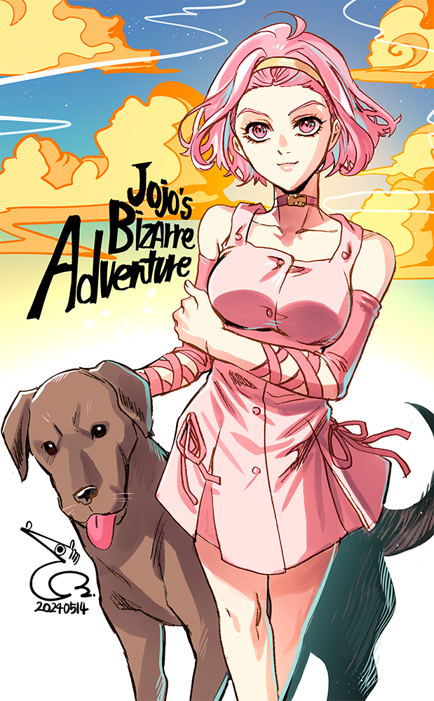 1girl animal bae_(baebae) breasts choker diamond_wa_kudakenai dog dress english_text hairband jojo_no_kimyou_na_bouken pink_dress pink_hair smile sugimoto_reimi