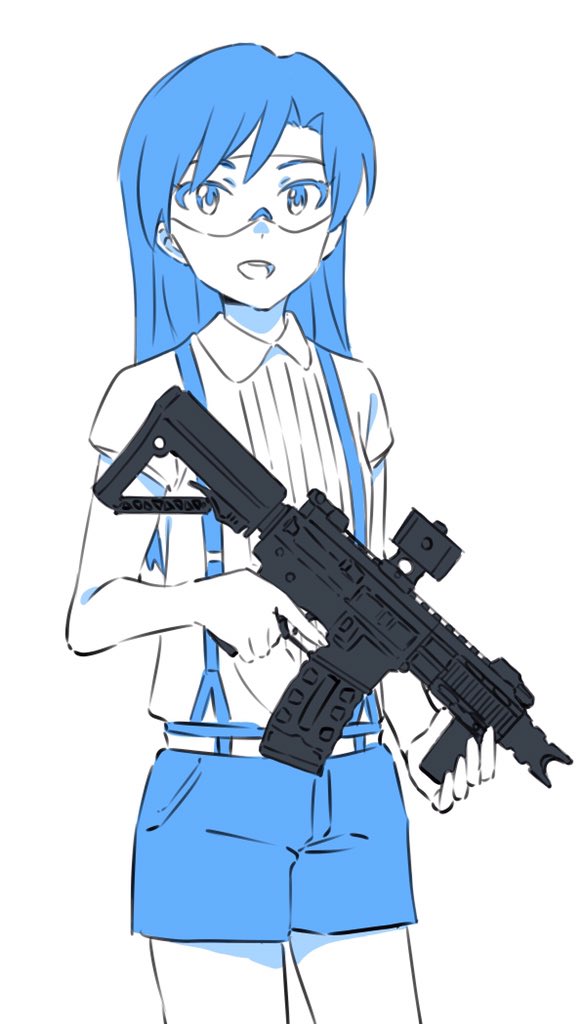 1girl assault_rifle blue_theme collared_shirt commentary_request cowboy_shot flat_chest gun holding holding_gun holding_weapon idolmaster idolmaster_(classic) kisaragi_chihaya long_hair looking_at_viewer monochrome open_mouth rifle safety_glasses saitou_kengo shirt short_sleeves shorts simple_background smile solo standing suspenders teeth trigger_discipline upper_teeth_only weapon white_background