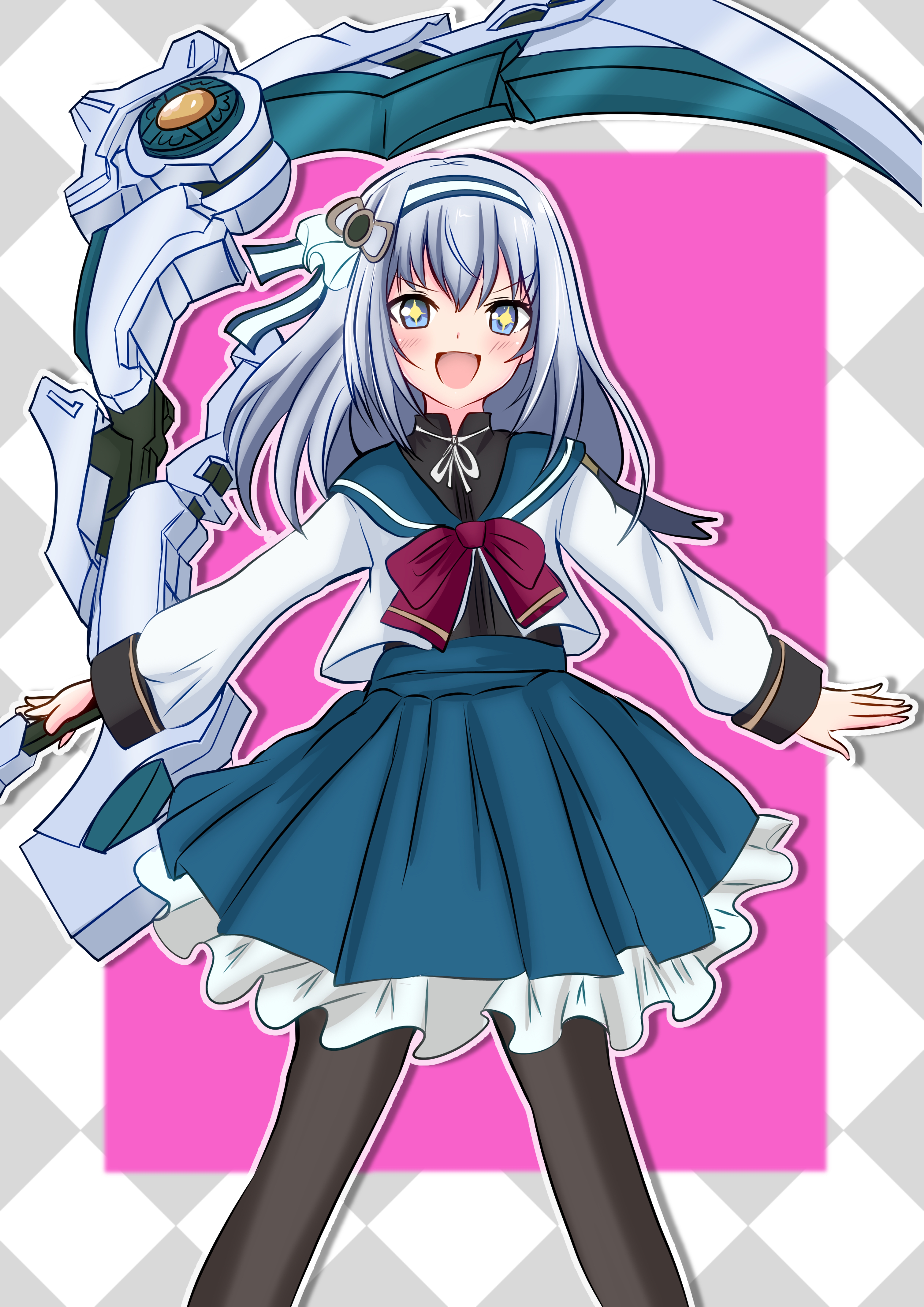+_+ 1girl :d absurdres argyle_border assault_lily black_pantyhose black_shirt blue_eyes blue_hairband blue_ribbon blue_sailor_collar blue_skirt blush border bow bowtie commentary ebisu_nobu feet_out_of_frame frilled_skirt frills grey_border grey_hair hair_between_eyes hair_ribbon hairband hands_up herensuge_girls_academy_school_uniform high-waist_skirt highres holding holding_scythe holding_weapon long_hair long_sleeves looking_at_viewer miniskirt neck_ribbon open_mouth outside_border outstretched_arms pantyhose pink_background pleated_skirt red_bow red_bowtie ribbon sailor_collar school_uniform scythe serafuku shirt simple_background skirt smile solo standing tsuboi_nanaho two-tone_hairband v-shaped_eyebrows weapon white_border white_hairband white_ribbon
