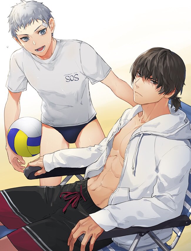 2boys abs aragaki_shinjirou ball black_hair black_male_swimwear black_swim_briefs black_swim_trunks chair closed_mouth drawstring grey_eyes grey_hair holding holding_ball hood hooded_jacket isa_(peien516) jacket long_sleeves low_ponytail male_focus male_swimwear multiple_boys open_clothes open_jacket open_mouth persona persona_3 ponytail sanada_akihiko shirt short_ponytail simple_background sitting swim_briefs swimsuit toned toned_male volleyball_(object) white_jacket white_shirt