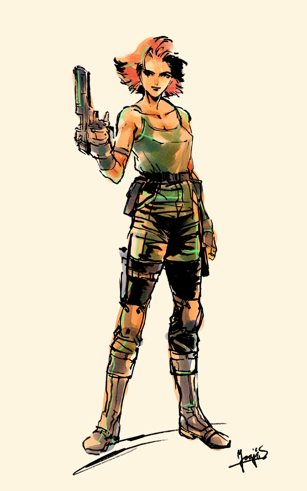 1girl arm_at_side bare_shoulders belt boots breasts cleavage desert_eagle fingerless_gloves flipped_hair full_body gloves gun handgun highres holding holding_gun holding_weapon holster knee_pads medium_breasts meryl_silverburgh metal_gear_(series) metal_gear_solid official_art red_hair shinkawa_youji short_hair smile solo standing tank_top thigh_holster thigh_strap trigger_discipline weapon
