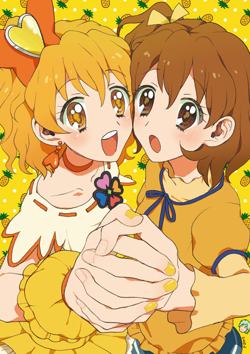 00s 1girl brown_eyes brown_hair cure_pine dual_persona earrings eyelashes food fresh_precure! fruit hair_ornament holding_hands heart_hair_ornament ietan interlocked_fingers jewelry nishi_hayato orange_eyes orange_hair pineapple precure side_ponytail wester wester_(fresh_precure!) yamabuki_inori yellow_background