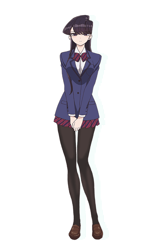 1girl asymmetrical_hair black_eyes black_hair blue_jacket bow bowtie brown_pantyhose brown_shoes closed_mouth collared_shirt diagonal-striped_bow diagonal-striped_bowtie diagonal-striped_clothes diagonal-striped_skirt drop_shadow itan_private_high_school_uniform jacket komi-san_wa_komyushou_desu komi_shouko loafers long_hair long_sleeves looking_at_viewer miniskirt nakajima_atsuko official_art pantyhose pleated_skirt red_skirt school_uniform shade shirt shoes skirt solo standing striped_clothes tachi-e transparent_background v_arms white_shirt