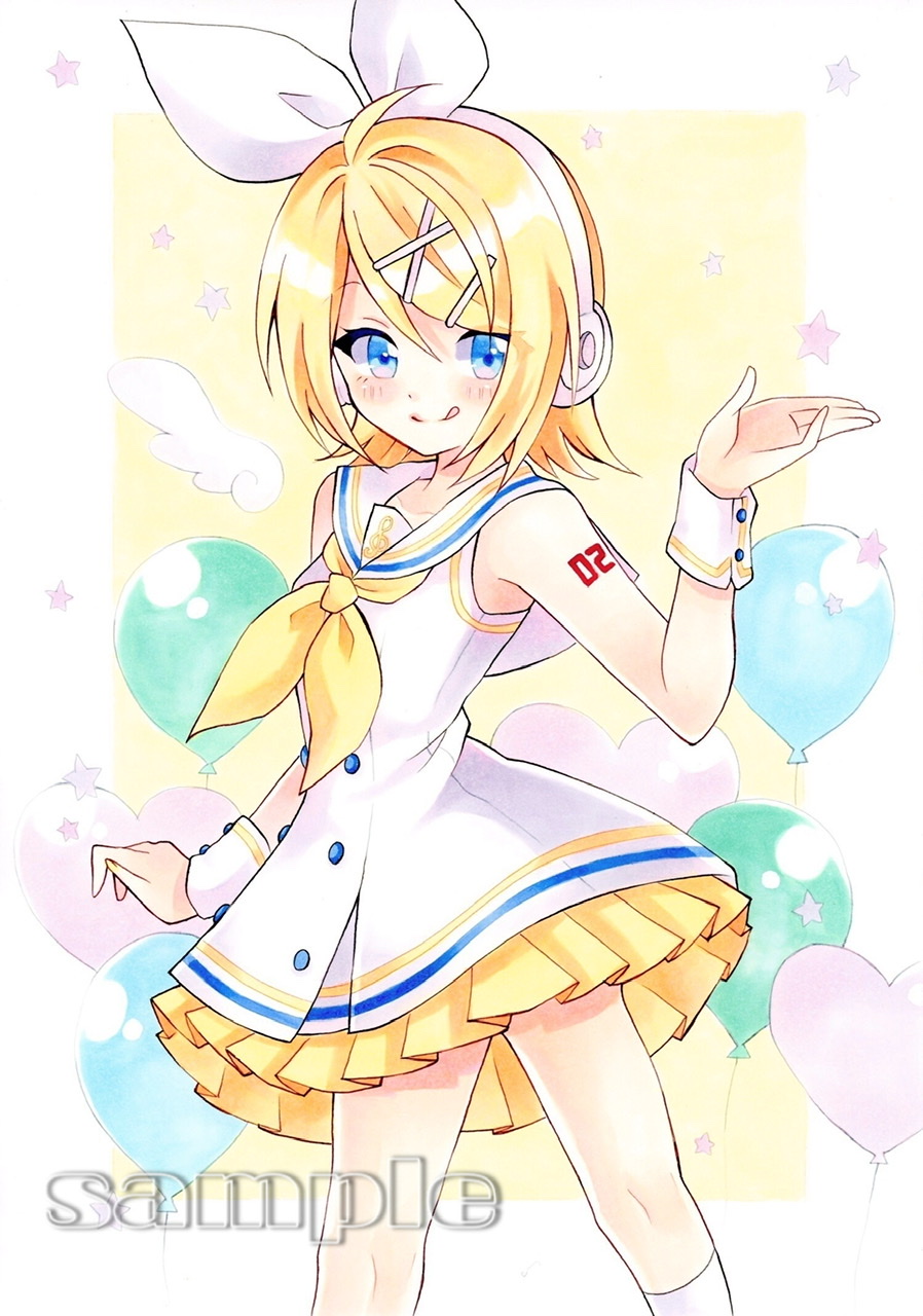 1girl ;q ahoge balloon blonde_hair blue_eyes blush bow bow_hairband collarbone dress hair_bow hair_ornament hairband hairclip headphones heart_balloon highres kagamine_rin looking_at_viewer marker_(medium) miniskirt neckerchief one_eye_closed pleated_skirt sailor_collar sailor_dress sample_watermark saple short_dress short_hair skirt skirt_under_dress sleeveless sleeveless_dress solo sour_model_(mikumikudance) standing tongue tongue_out traditional_media vocaloid watermark white_bow white_dress white_hairband white_legwear white_sailor_collar wrist_cuffs x_hair_ornament yellow_neckerchief yellow_skirt yuiki_(cube)