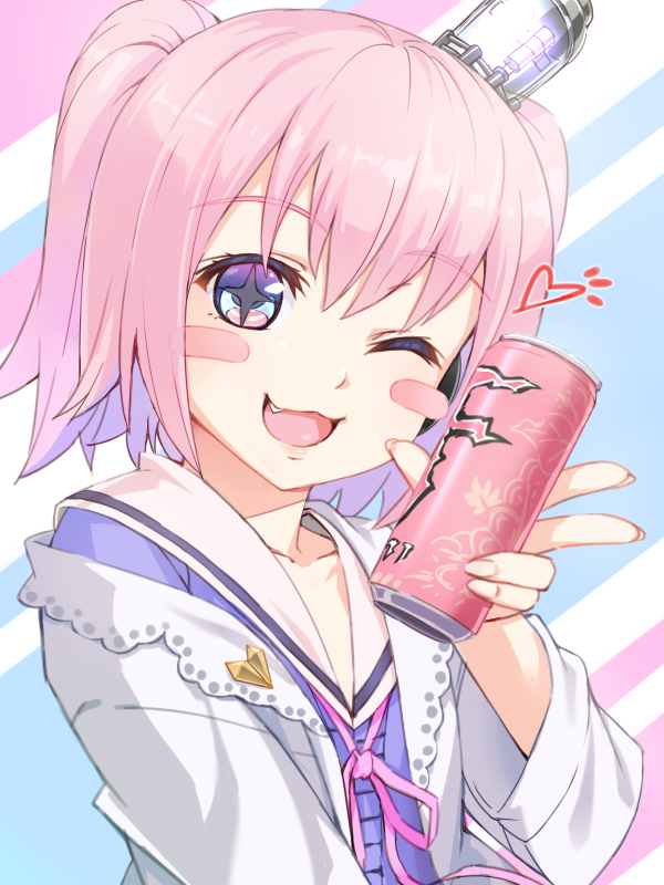 1girl :3 blue_eyes blush blush_stickers dress energy_drink fang female_focus fermi_(shinkukan_dolls) lab_coat nanasi_(xx_heath) one_eye_closed open_mouth pink_hair ribbon sailor_collar shinkukan_dolls solo sweater sweater_dress twintails vacuum_tube virtual_youtuber
