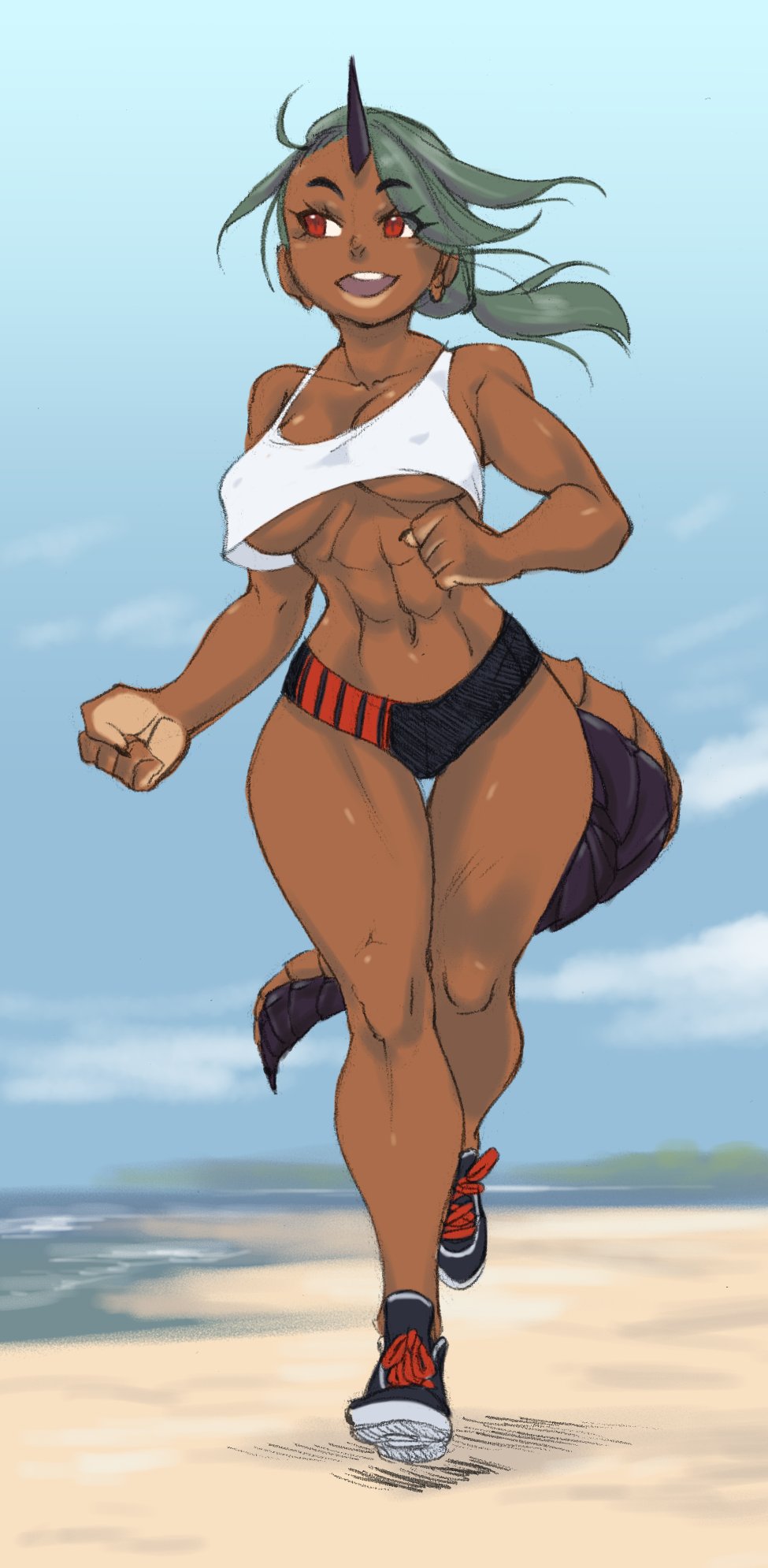 1girl abs basilisk beach breasts clenched_hands covered_erect_nipples crop_top crop_top_overhang crybringer dark-skinned_female dark_skin day demon_mages female_focus full_body green_hair hair_over_one_eye highres horns lips lizard_tail long_hair low_ponytail medium_breasts navel no_bra open_mouth ponytail red_eyes running shoes short_shorts shorts single_horn slit_pupils sneakers solo sportswear stomach tail thick_eyebrows thigh_gap thighs toned unaligned_breasts underboob ziggy_kakziga