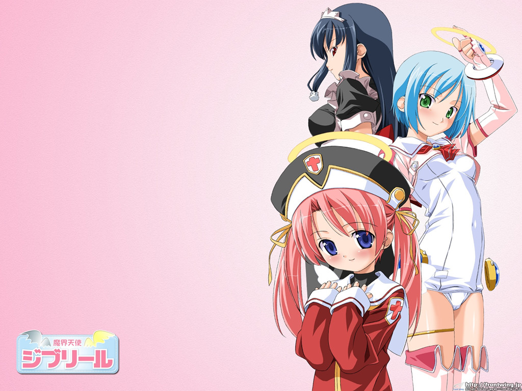 3girls age_difference angel apron arm_up blue_eyes blue_hair blush bob_cut boots bracelet breasts cameltoe copyright_name covered_erect_nipples covered_navel crop_top cross djibril_(makai_tenshi_djibril) elbow_gloves fingerless_gloves frills gloves gradient_background green_eyes hair_ornament hair_ribbon hairband halo hands_on_own_chest hat head_tilt jewelry kuuchuu_yousai latin_cross long_hair looking_at_viewer looking_back luvriel magical_girl maid maid_apron maid_headdress makai_tenshi_djibril manabe_rika medium_breasts misty_mei multiple_girls necktie official_art official_wallpaper one-piece_swimsuit otonashi_meimi parted_bangs pink_background pink_boots pink_hair pink_legwear pointing red_eyes ribbon school_swimsuit school_uniform serafuku short_hair sidelocks smile standing swimsuit swimsuit_costume thigh_strap thighhighs third-party_source turtleneck twintails watermark web_address white_one-piece_swimsuit white_school_swimsuit