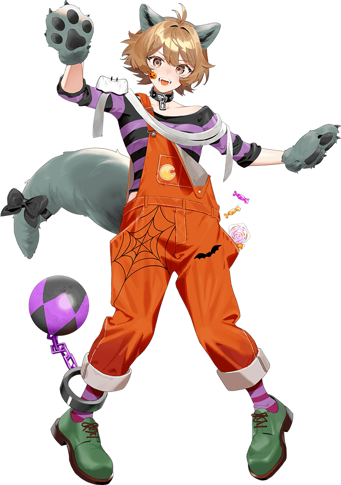 1girl animal_ears animal_hands animal_print ball_and_chain_restraint bandaid bandaid_on_face bat_print black_collar black_ribbon breasts brown_eyes brown_hair candy chain claws collar cuffs drew_(drew213g) fangs food full_body gloves halloween_costume jack-o&#039;-lantern_print kantai_collection lollipop medium_breasts oboro_(halloween)_(kancolle) oboro_(kancolle) off-shoulder_shirt off_shoulder official_art orange_overalls overalls paw_gloves paw_pose ribbon shackles shirt short_hair smile spider_web_print striped_clothes striped_shirt swirl_lollipop transparent_background wolf wolf_ears wolf_girl